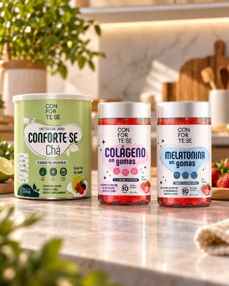 Foto original da linha Conforte-se: Chá Funcional, Colágeno em Gomas e Melatonina em Gomas