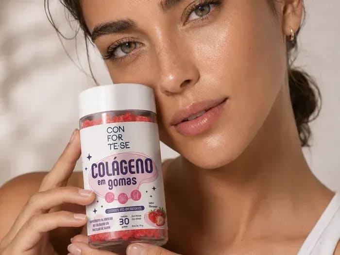 Mão segurando uma goma de colágeno Conforte-se