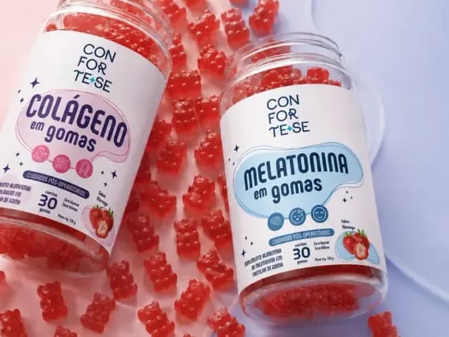 Pote de Melatonina em Gomas Conforte-se com as gomas de morango ao redor