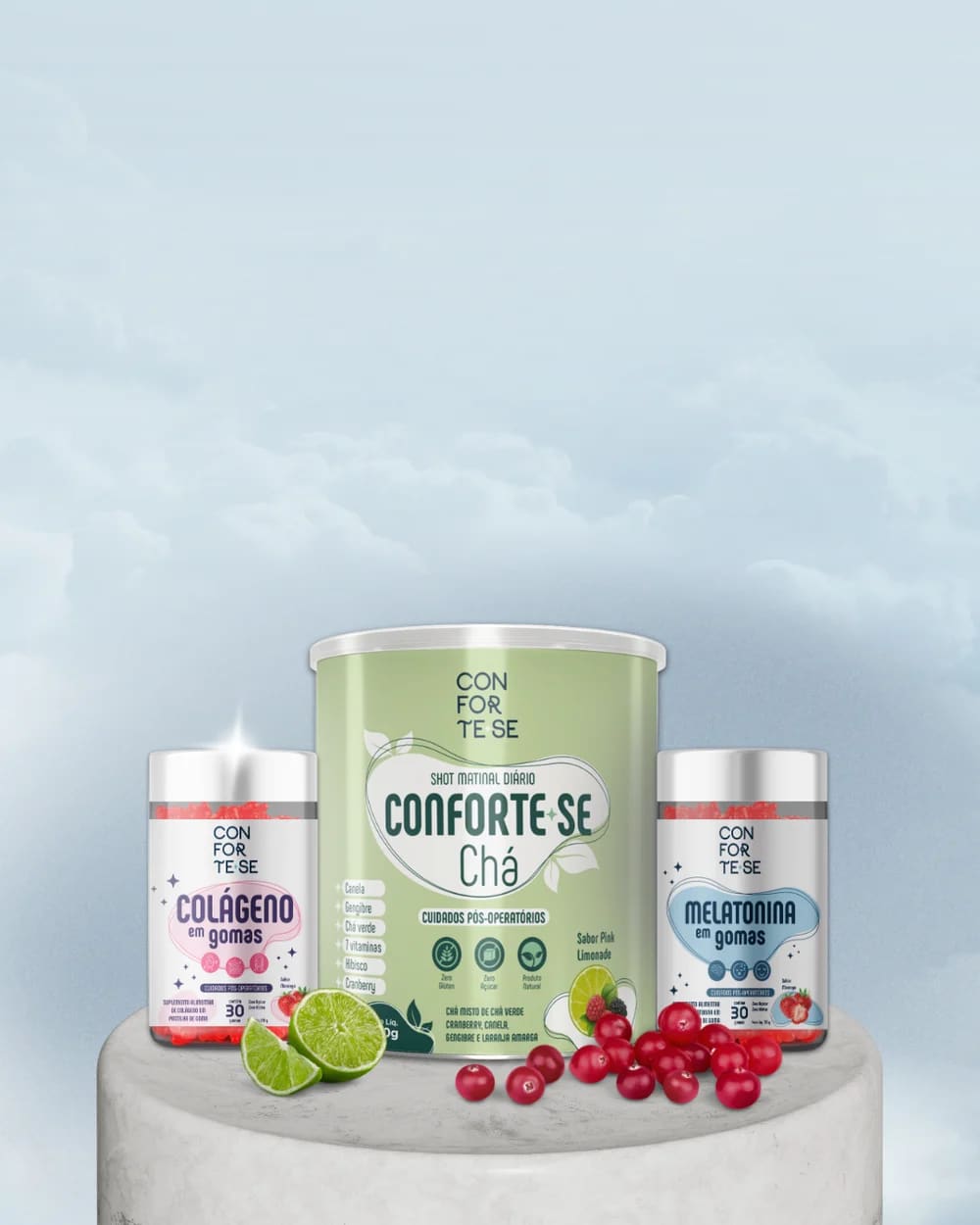 Os três produtos da linha Conforte-se lado a lado: Colágeno em Gomas, Chá Funcional e Melatonina em Gomas